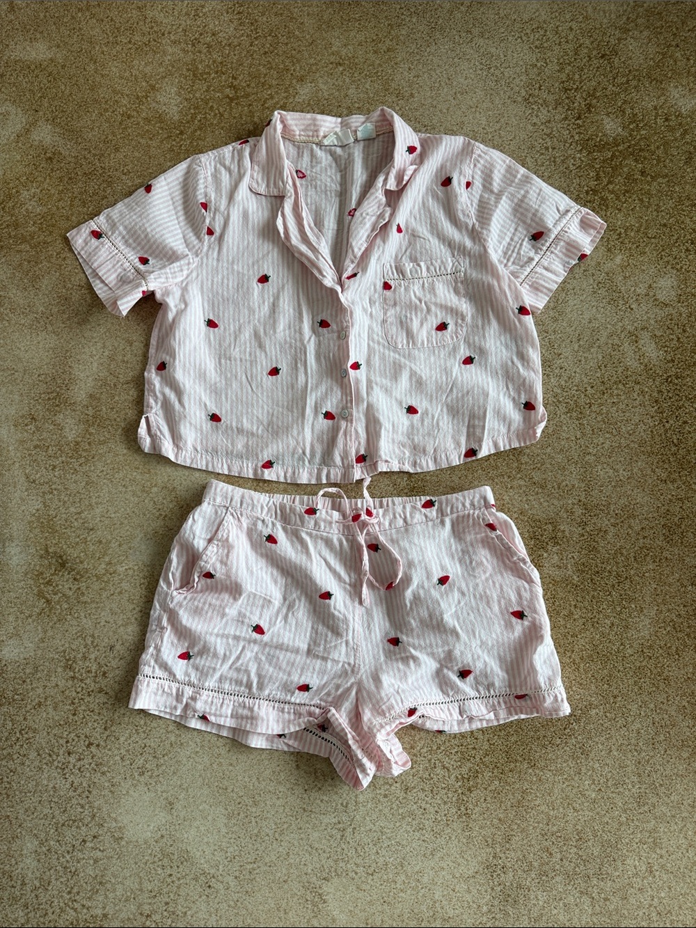 Pink Strawberry-Embroidered crop top Short Pajama Set